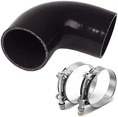 AotoKoop ID 2.5In (64mm) 90 Degree Elbow Coupler Silicone Hose, Leg length 4In (102mm), 4-Ply Reinforced for Turbo Intercooler Intake Piping, Black with T-Bolt Clamp