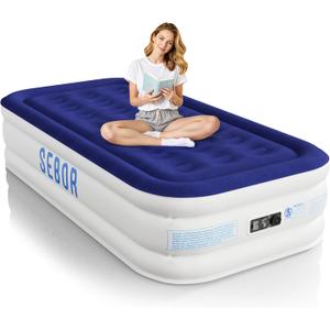 Sebor Air Mattress Twin with Built-in Pump 18", Comfortable Self-Inflating Air Mattress with High-Speed Pump, Durable Blow Up Mattress Twin with Storage Bag for Guests, Camping, Travel (Blue)