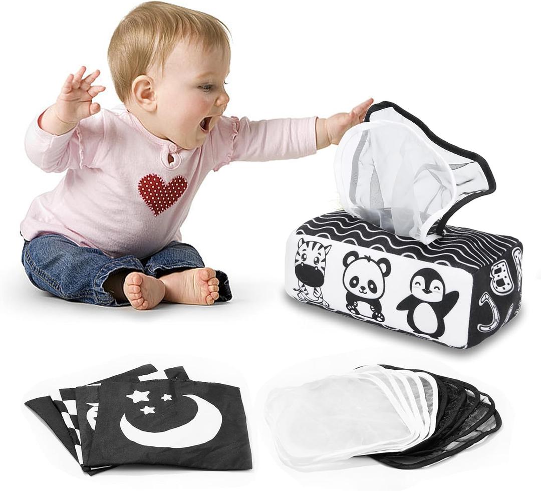 Baby Tissue Box Toy High Contrast for Newborn Black and White Montessori Toy for Babies 3 Months Sensory Tissue Box