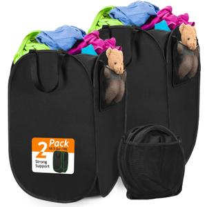 Upgraded Oxford Pop-up Laundry Hamper 2 Pack, 70L(18.5 Gal) Laundry Basket with Durable Handles Solid Bottom High Carbon Steel Frame and Side Pocket, Easy to Open and Fold Flat for Storage (Thickened-Black)