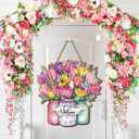 Spring Door Decor for Home 11.8 x 11.4 Inch Spring Welcome Door Sign Fresh Flower Style Welcome Wooden Sign Wooden Hanging Wall Decor for Porch Farmhouse Outdoor