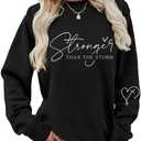 Christian Stronger Than The Storm Sweatshirts Lightweight Women Inspirational Faith Pullover Long Sleeve Shirt (Black, X-Large)