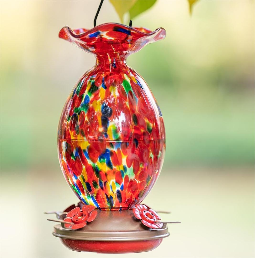 Hummingbird Feeder, 32OZ Hand Blown Glass Hummingbird Feeders for Outdoors Hanging, Built-in Ant Moat Wild Humming Bird Feeders, Yard Garden Gifts Decor (Holiday)
