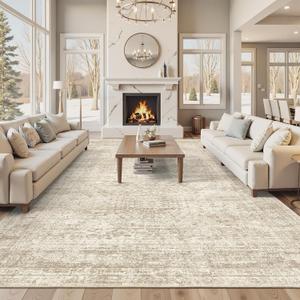 Soalmost Area Rug 10x12 Vintage Washable Living Room Large Carpet Non Slip Bedroom Indoor Office Dining Room Low Pile Thin Rug Beige