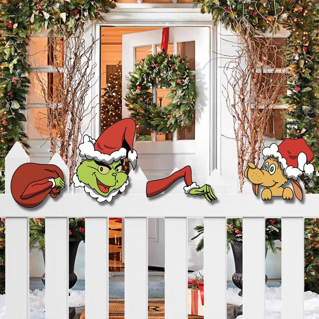 4 PCS Christmas Fence Peeker Yard Garden Signs,Christmas Fence Peekers Ornaments with Thief Stole Head Arm Bag and Dog for Holiday,Indoor Christmas Tree Decor,Outdoor Patio Peeking Decor