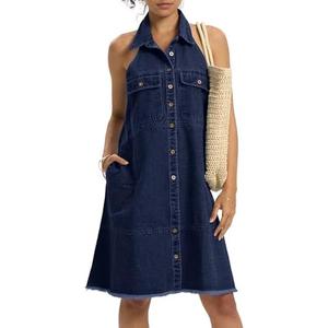 Locachy Women's Summer Sleeveless Halter Neck Button Down Denim Dress Casual A-Line Jean Shirt Dresses, size M
