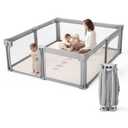 Baby Playpen Portable, Pre-Assembled Play Pen 71x79 Large Foldable Playpen for Babies and Toddlers, Sturdy and Safe Toddler Play Yard Indoor Outdoor with Carry Bag, Light Grey