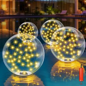 2026 New 4 Pack Floating Pool Lights, Warm White Solar Powered Pool Lights That Float with 8 Modes, IP68 Waterproof Light Up Solar Inflatable LED Balls for Pools Outdoor Party Wedding Yard Decorations