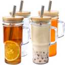 24oz Glass Cups with Lids and Straws - Glass Tumbler cup with bamboo lids and straw iced coffee cup
