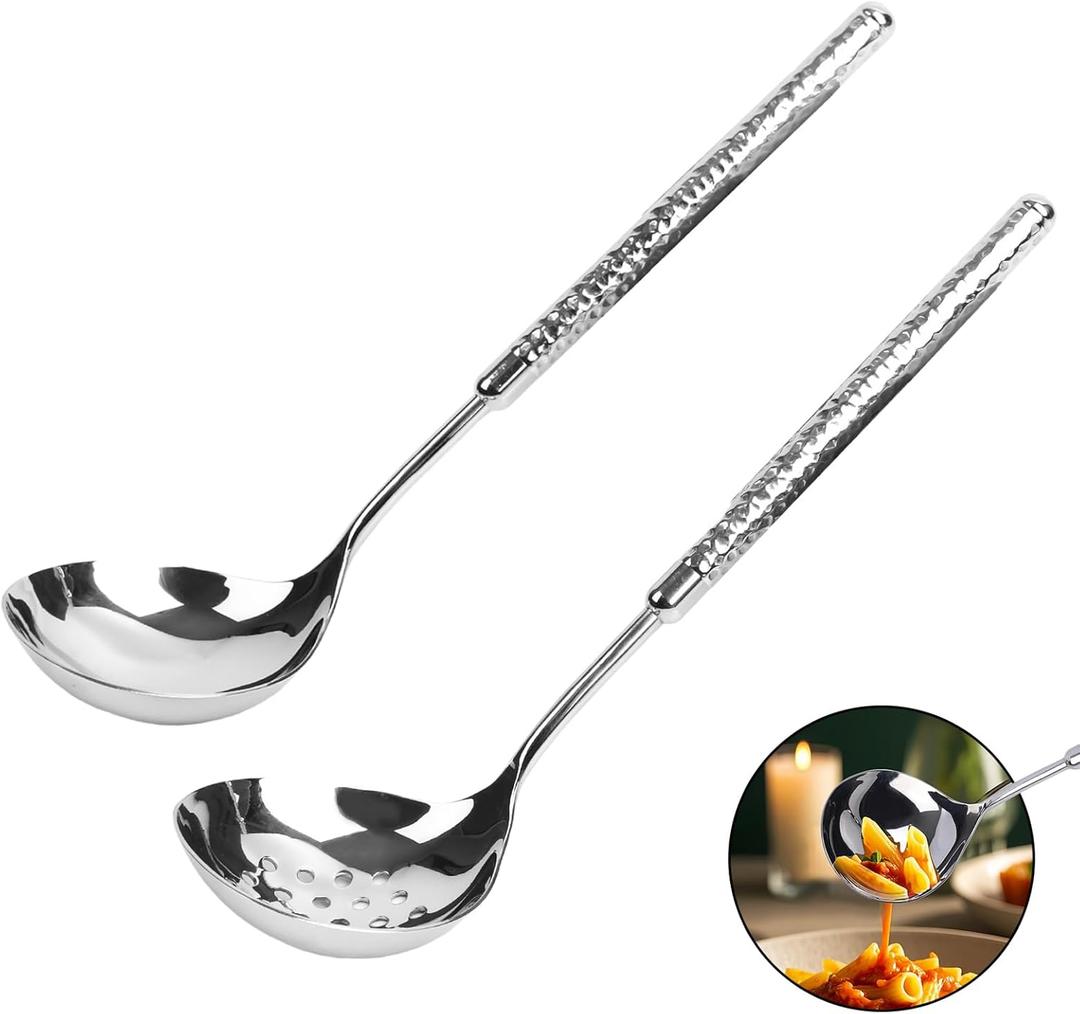 Stainless Steel Soup Ladle and Slotted Spoon Set, 9.4" Small Metal Ladle Spoon and Strainer Scoop Gravy Colander, for Hotpot, Buffet, Party, Restaurants, Kitchen, 2-Pack