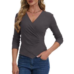 Womens V Neck Wrap Top Business Casual Long Sleeve Asymmetrical Ruched Top (Gray, XXL)
