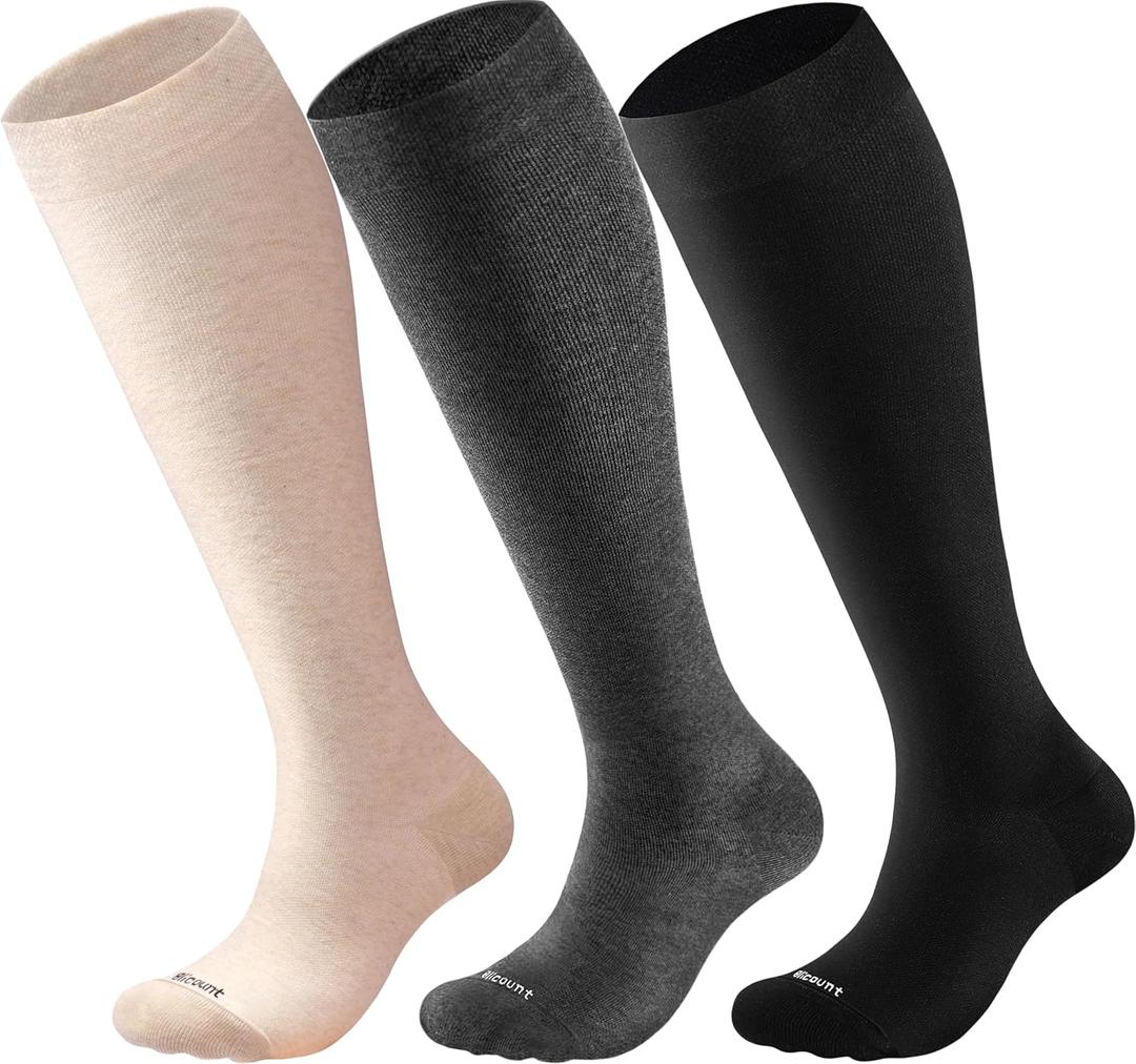 Cotton Compression Socks for Women&Men 15-20mmHg Knee High Cute Support Sock for Nurses, Pregnant Women, Travel (Large-X-Large, 3 Pairs-black&wheat&dark Grey)