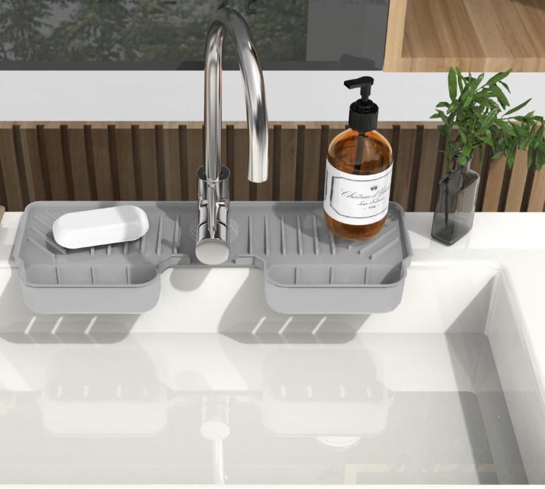 Toilet Cup Coaster Large Silicone Draining Soap Mat for Bathroom and Kitchen Waterproof Coasters Two Grooves Grey 4