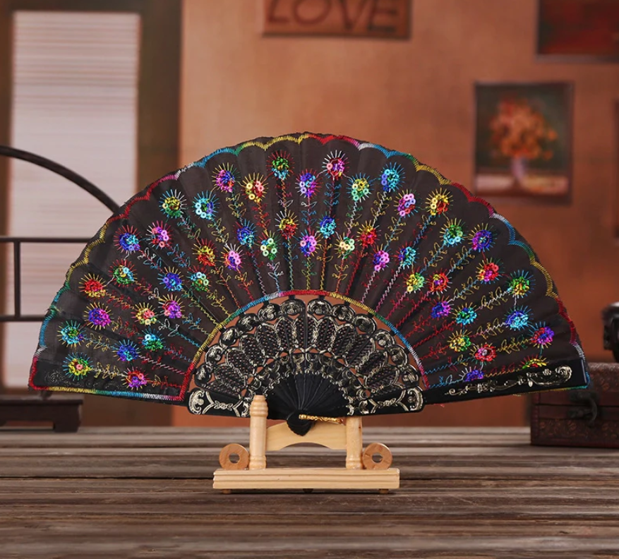 Black Rod Sequin Fan Embroidery Fan Dancing Folding Fan Peacock Fan Gift Folding Fan Fan Wing Chun Fan|30 Pcs