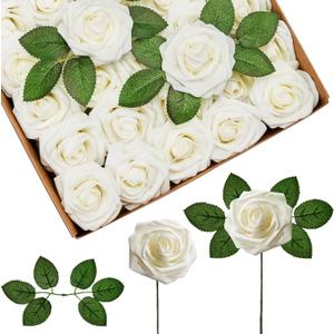 InnoGear Artificial Flowers, 50 Pcs Ivory White Foam Fake Roses Bulk with Stems for Decoration DIY Wedding Bouquets Centerpieces Bridal Shower Party Christmas Tree