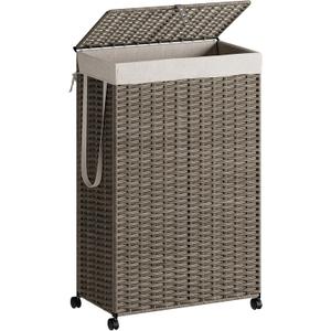 Rolling Laundry Hamper with Wheels and Lid, 90L Slim Laundry Basket with Removable Bag, Foldable Handwoven Rattan Laundry Sorter, Narrow Dirty Clothes Basket Organizer, No Assembly, Grey