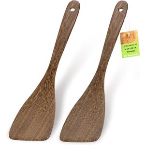Ecavria 2PCS Wooden Spatula, 12.8IN Wooden Flat Frying Spatulas, Long Handle Wood Turner for Non-Stick Cookware, Natural Wood Cooking Utensils, Healthy, Sturdy & Heat-Resistant