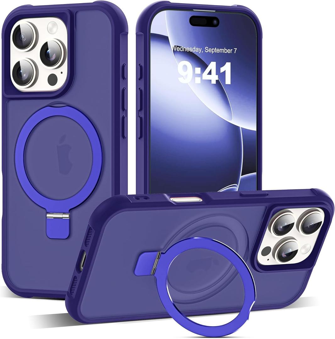 Compatible with iPhone 16 Pro Max Case with Invisible Magnetic O-Ring Stand Military-Grade Translucent Case for iPhone 16 ProMax 6.9" [Compatible with Mag-Safe][Great Grip Feeling], Navy