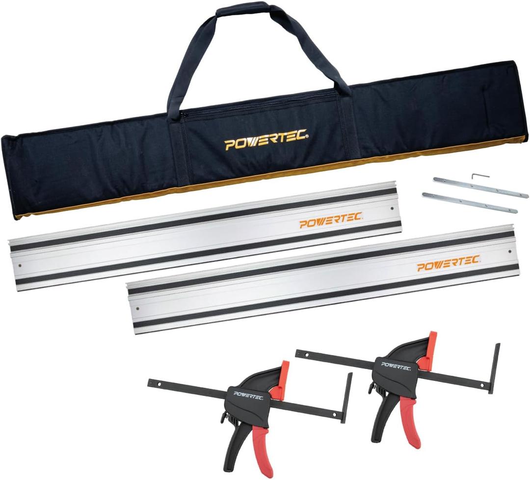 POWERTEC 110" Track Saw Guide Rail Kit for Makita and Festool, Includes 2PK 55" Guide Rails, Protective Guide Rail Bag, 2PK Guide Rail Connectors, and 2PK Track Saw Clamps (71885)