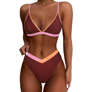 SUUKSESS Women Triangle High Cut Bikini Sets Sexy High Waisted 2 Piece Swimsuit (Large, 57 Brown Color Block)