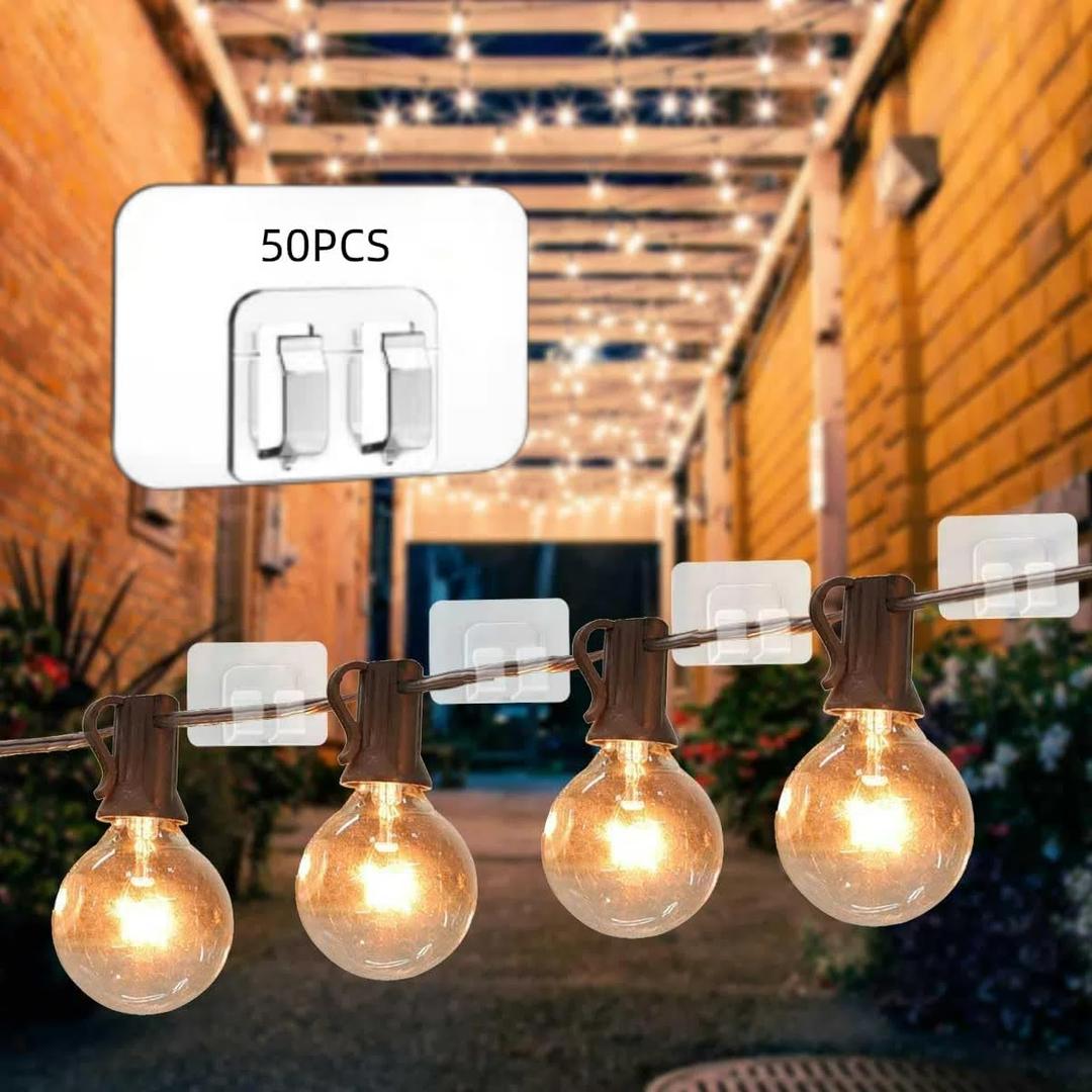 50 Pack Hooks with Adhesive Strips for Outdoor String Lights - No Damage, No Tools, No Holes, Waterproof and UV-Resistant, Perfect for Christmas and Patio,Garden Decor, Cable Holders for Hanging