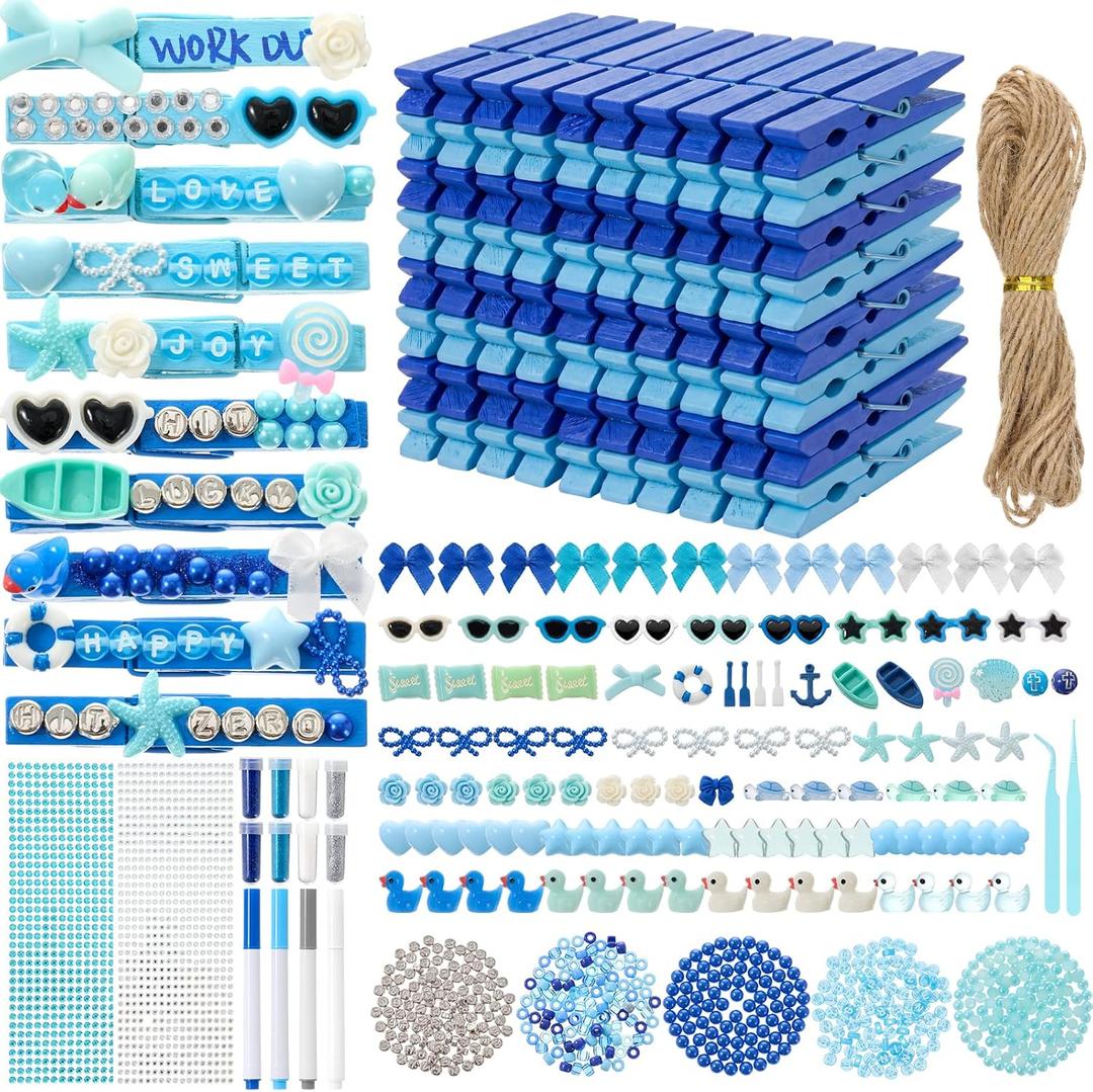 Suncalla 752 pcs Cheer Pins Spirit Clips 100 Colored Wooden Clothes Pins 136 Mini Resin Flower Animal Mini Bow 500 Bead Pearl 2 Stickers 4 Pen for Backpack Graduation Summer Team Gift(Blue,Ocean)