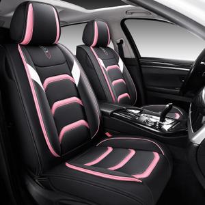 Leather Car Seat Covers,Full Coverage Seat Covers Full Set,Universal Automotive Seat Covers for Cars,SUVs,Trucks and Sedans (Black&Pink, Full Set)