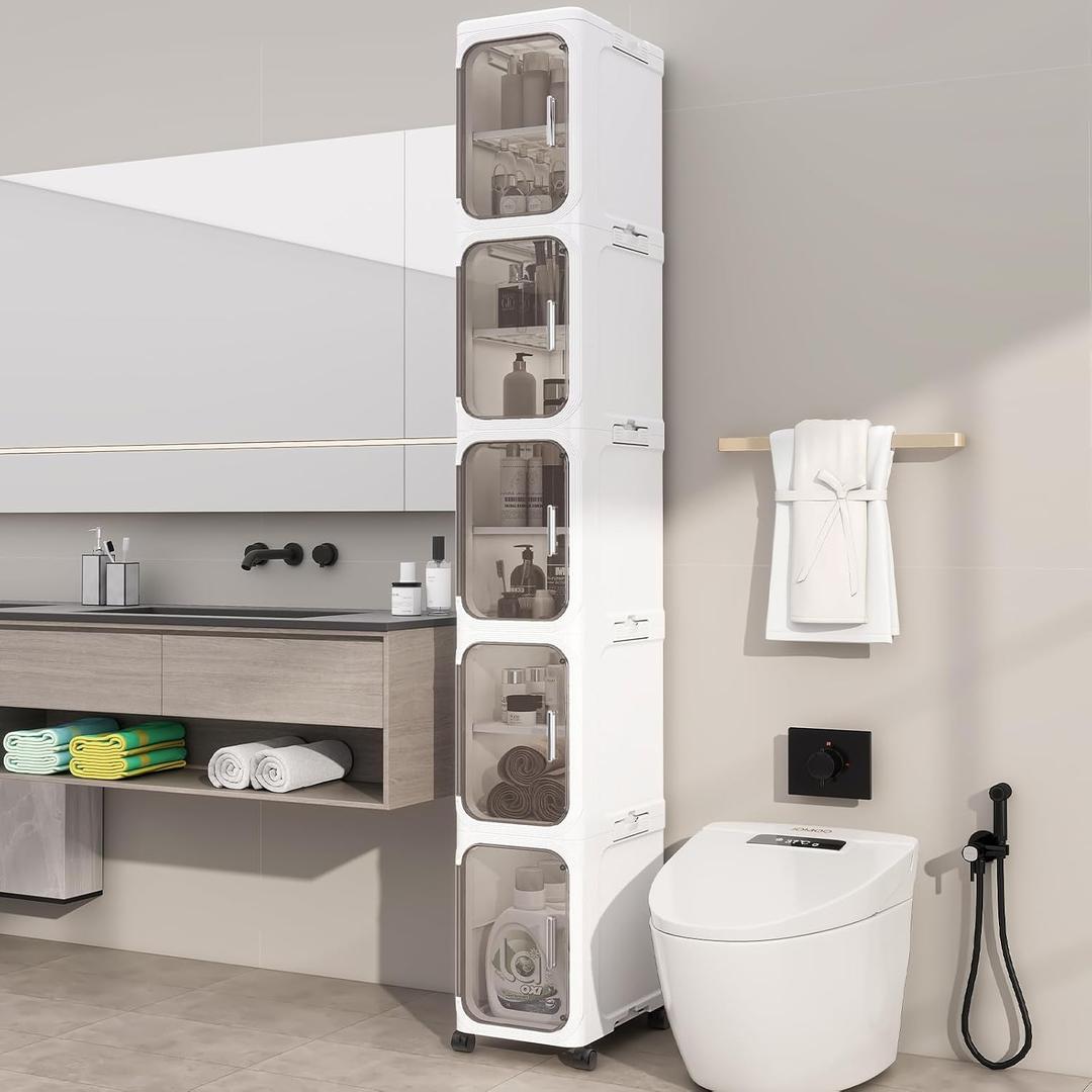 5-Tiers Slim Bathroom Storage Cabinet, Foldable Storage Cabinets,Narrow Bathroom Storage,Movable Bathroom Storage Organizer for Small Spaces,Bathroom,Kitchen,Laundry,White