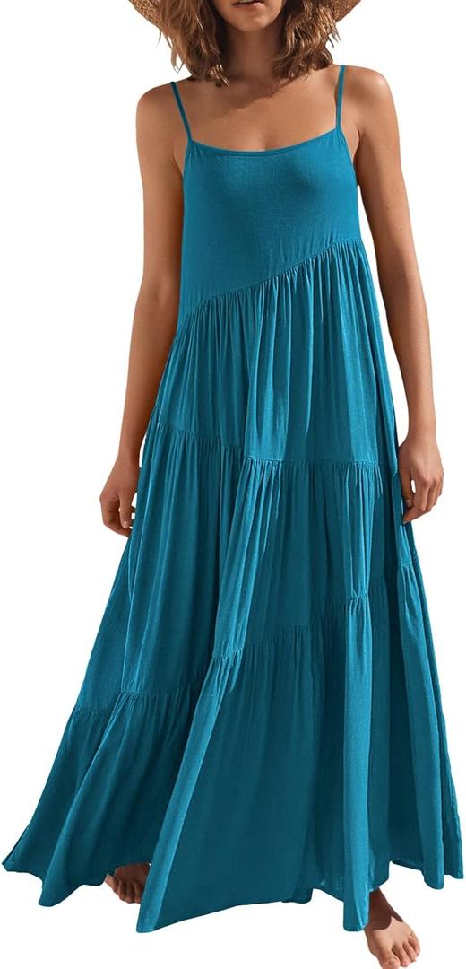 ANRABESS Women Summer Casual Loose Sleeveless Sundress Spaghetti Strap Flowy Boho Linen Beach Vacation Maxi Long Dress (Sea Blue)