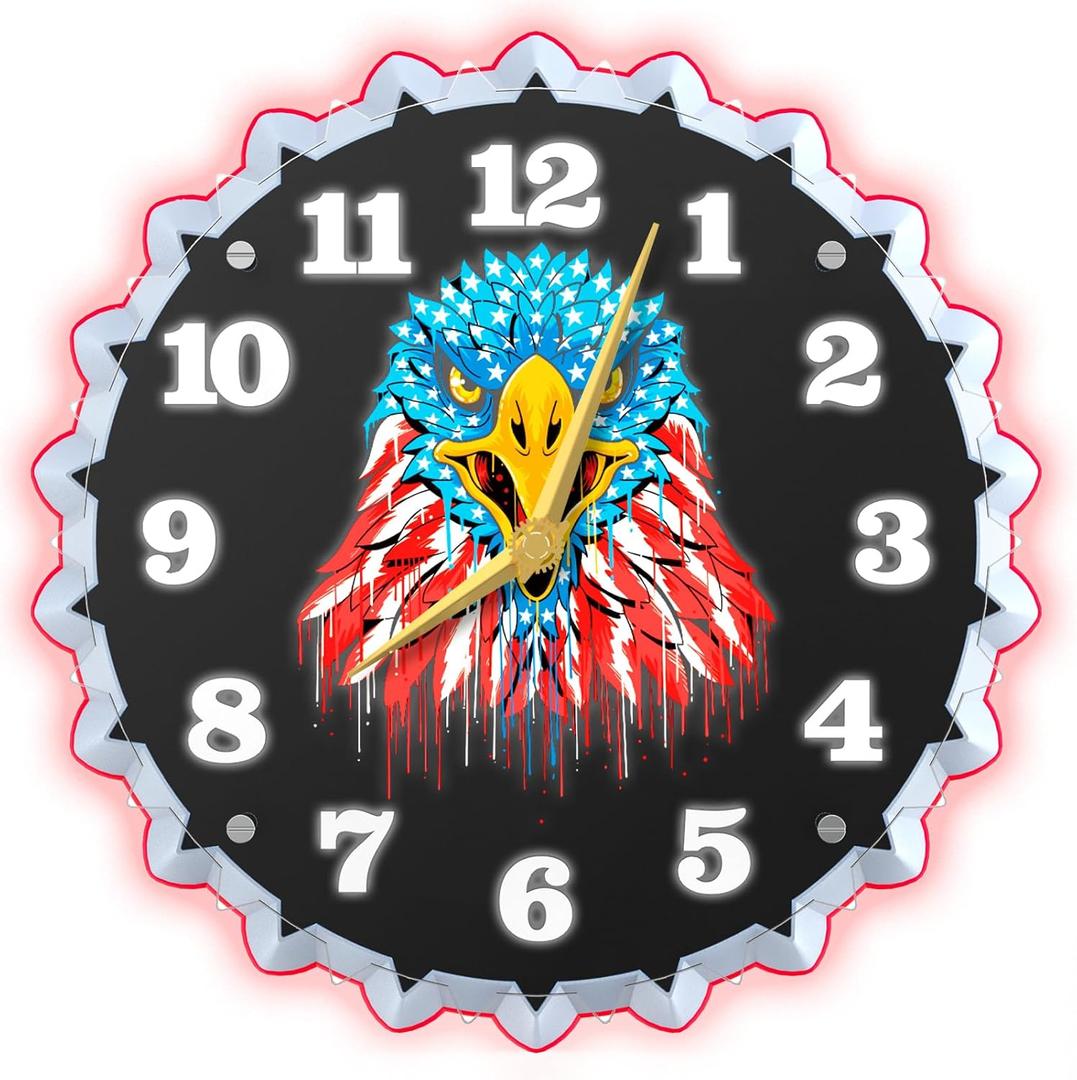 Bald Eagle Wall Clock, 12 Inch Neon Wall Clock, Americn Flag & Bald Eagle Graphics, Stunning 3D Glow Effect, Non Ticking Clocks, for Living Room/Bedroom/Office/Garage/Bar/Game Room Decor