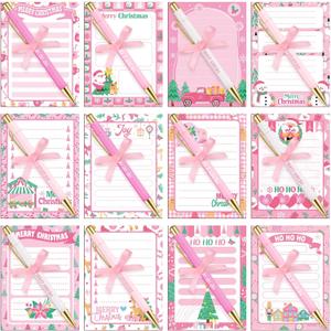 Eaasty 48 Pcs Pink Christmas Notepads and Ballpoint Pens Pink Christmas Gifts Bulk Cute Xmas Notebook Appreciation Gifts for Women Teachers Coworkers Employee Students Office