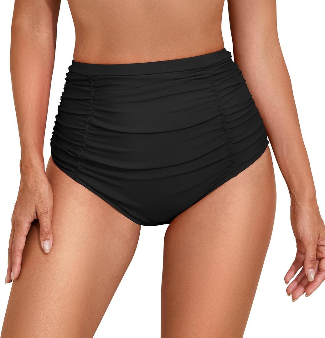 American Trends Women High Waisted Bikini Bottoms Tummy Control Swim Bottoms Full Coverage Bathing Suit Bottom (X-Large, Black)