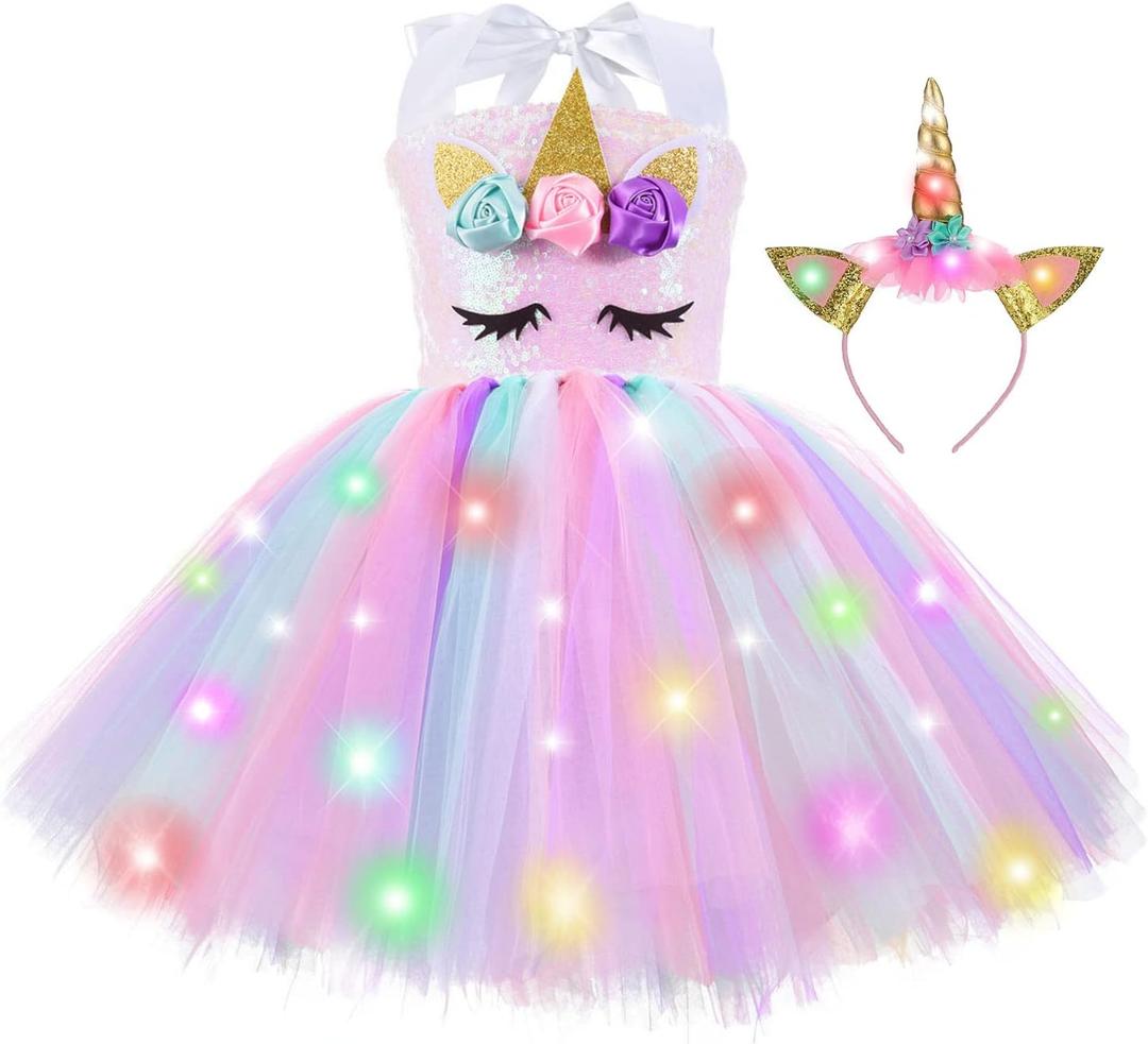 ZeroStage Sequin LED Light Unicorn Costume for Girl Birthday Decorations Halloween Christmas Party Outfit Princess Tutu Dress (7-8 Years, Pink With Headband)