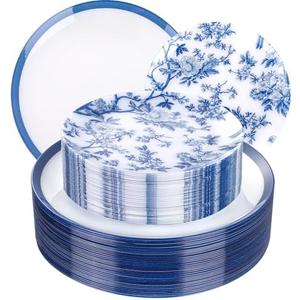 EI 60pcs Blue and White Floral Plastic Plates Fancy Blue Floral Disposable Heavy Duty,10.25inch Dinner Plate and 7.5inch Dessert Plate,Disposable Nice Plastic Plates for Party,Wedding(Value,Elegant )