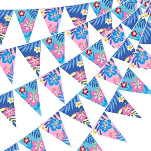 Pasimy 5 Pcs Cartoon Hawaiian Party Decorations Pink Blue Hawaiian Hibiscus Pennant Banners Flower Bunting Pre-Strung Paper Triangle Flags for Cartoon Tropical Luau Birthday Baby Shower Party Supplies