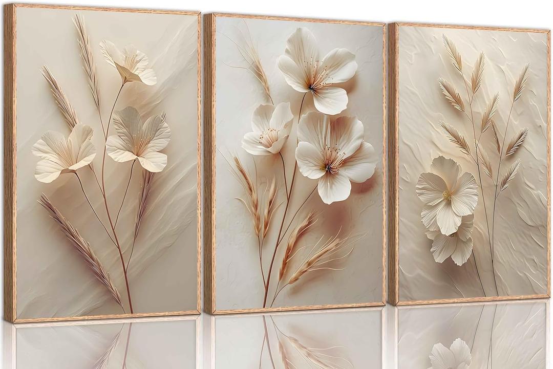 3Pcs Neutral Beige Floral Botanical Canvas Wall art Modern Simple Texture Flower Plant Painting Picture Wall Decor Vintage Blossom Poster Print Artwork for Living Room Bedroom Bathroom Unframed