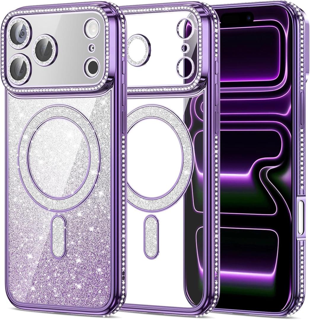 Petocase for iPhone 17 Pro Max 6.9 inch Case Magnetic Glitter Phone Cases [Compatible with MagSafe] Sparkle Diamond Rhinestone Camera Lens Protector Slim Shockproof Cover for Girs Women Purple