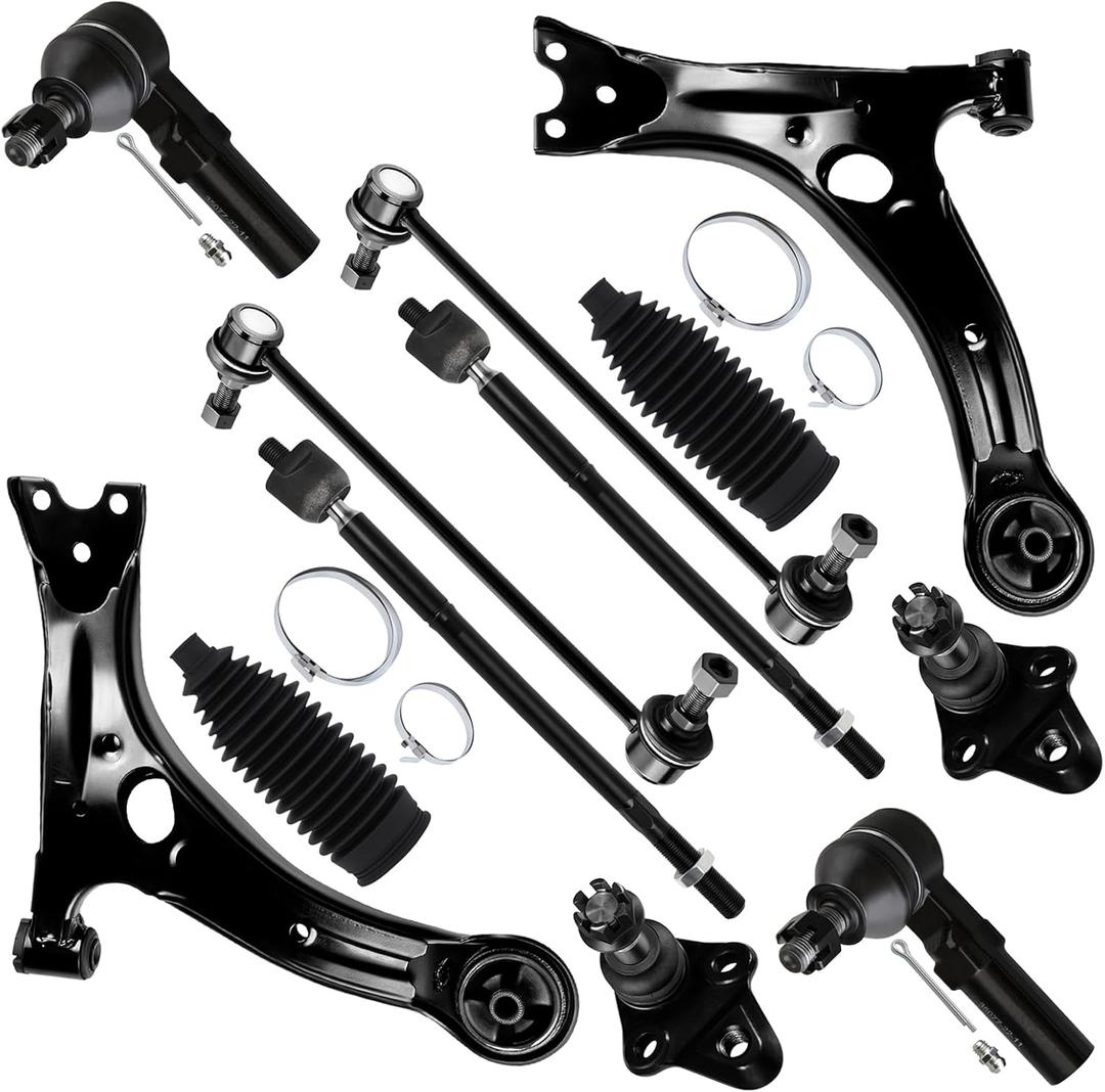 SCITOO 12pcs Front Suspension Kit Lower Control Arm Lower Ball Joint Inner Outer Tie Rod End w/Boot Sway Bar End Link Replacement for 2009-2013 for Toyota Corolla