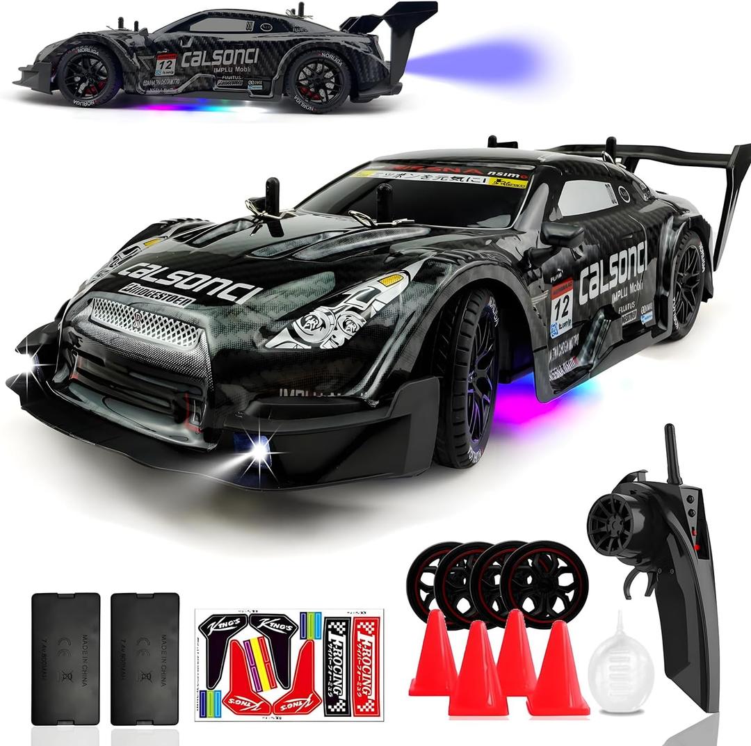 1:16 RC Drift Car 2.4GHz Spray 4WD LED Lights 30+KM/H High Speed Remote Control Car 2 Batteries 60Min Infinitely Variable Speed Drift Car Toys for Adults and Kids (Black 1:16)