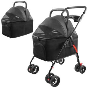Folding Dog Stroller,Dog Carriage Strollers,Travel Folding Carrier Waterproof Puppy Stroller,Foldable Pet Travel Carrier,with Cup Holders&Detachable Carrier for Medium Small Dogs Cats(Black)