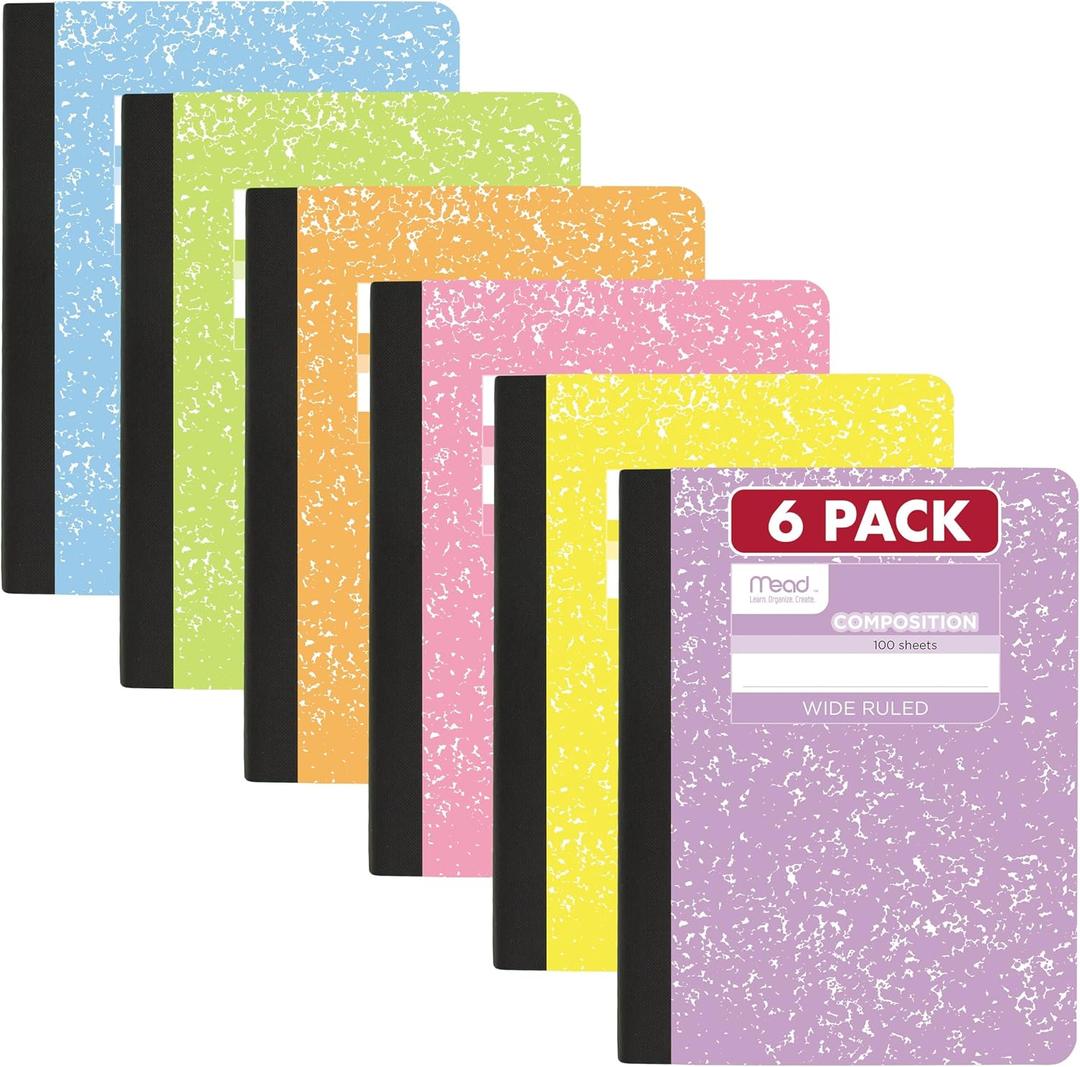 Mead Composition Notebook, Wide Ruled 7.5" x 9.75" Paper, 100 Sheets, Assorted Pastel Colors, 6 Pack (950154)