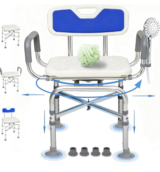 2-Level Adjustable Extra Wide 360° Swivel Shower Chair for Inside Shower, 550 lbs Heavy Duty Shower Seat for Inside Tub with Arms and Back, Bathtub Chairs for Seniors, Handicap, Elderly and Disabled