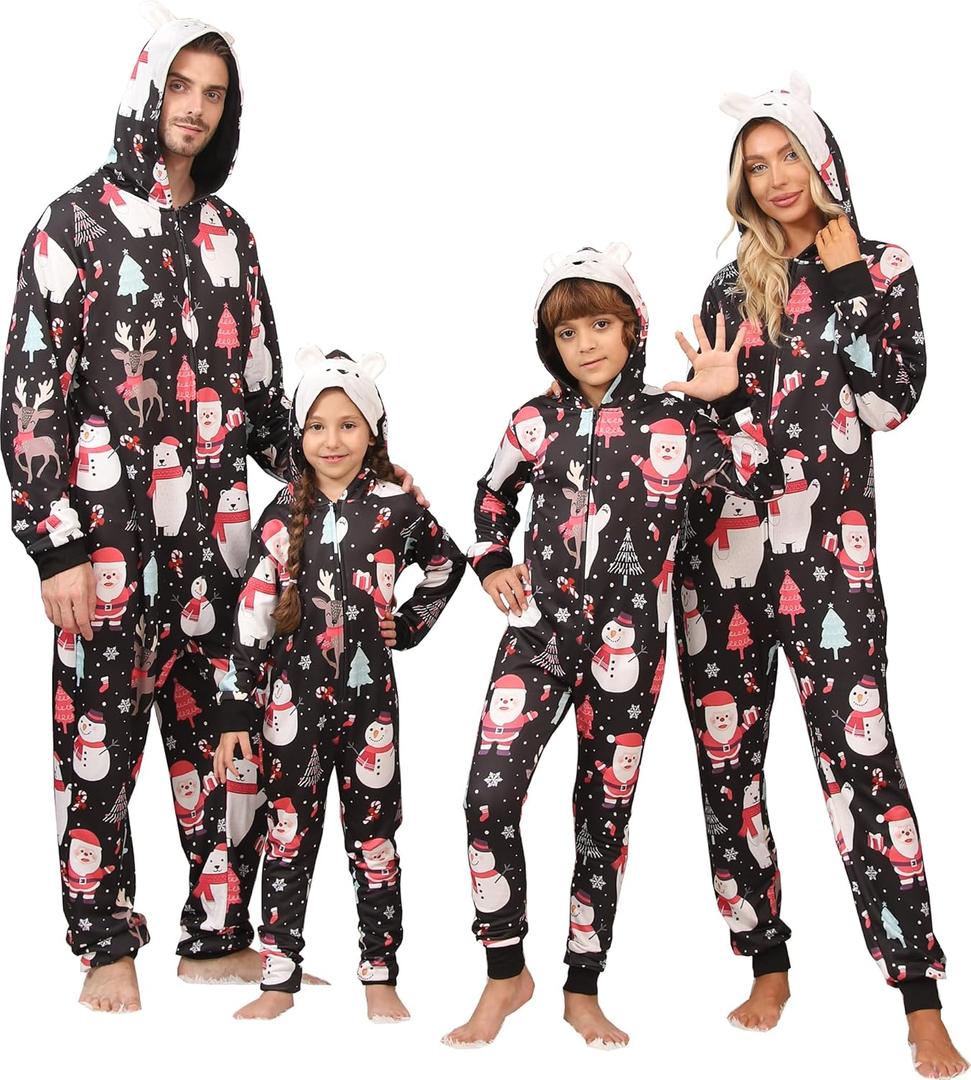 Matching Christmas Onesie Pajamas for Family/Couples, Cute Printed One-piece Pjs, Xmas Holiday Adult Hooded Sleepwear (Medium, Bear)