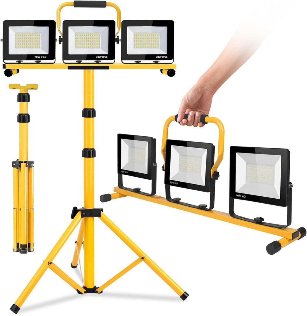 22000 Lumen Work Lights with Stand, 3 Adjustable Head LED Work Light, with Adjustable and Foldable Tripod Stand, Waterproof Lamp with Individual Switch with 6500 Kelvin Color (3-Head)