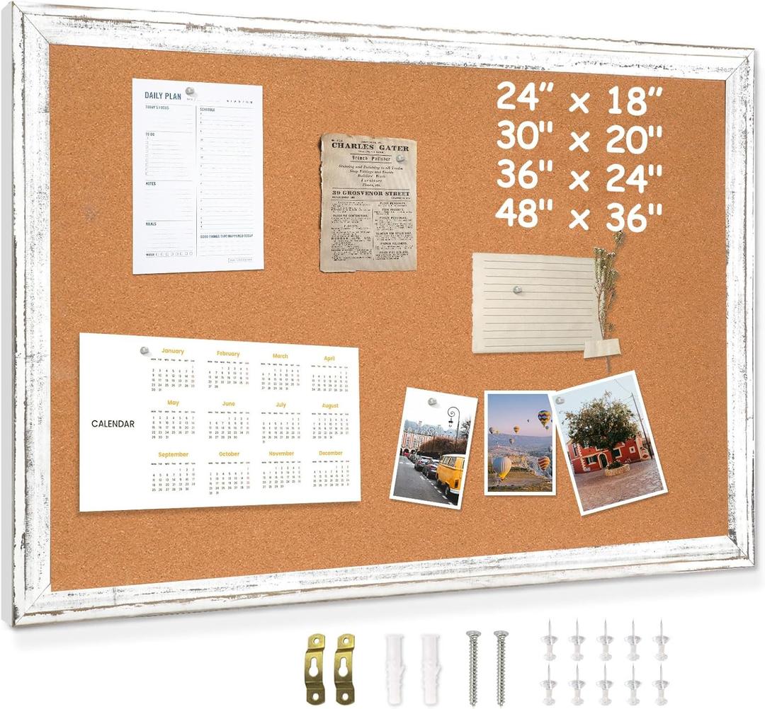 DOLLAR BOSS White Cork Board for Wall - 24 X 18 Inches, Rustic Wooden Frame Bulletin Board, Decorative Hanging Pin Board for Office & Home Decor
