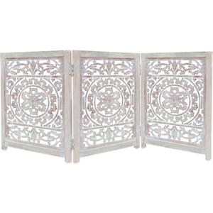 Croft&Cane Wooden Foldable Pet Dog Gate - Hand Carved 3-Panel 60 W x 24 H | Suzani White Wash Freestanding Portable Puppy Dog Fence - Solid Wood & MDF Indoor Doorway Hallway Stairs Safety Barrier