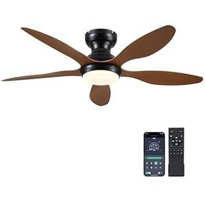 Ceiling Fans with Lights, 46 inch Modern Black Low Profile Ceiling Fan with Light and Remote App Control, Flush Mount, Quiet DC Reversible, Dim Led Ceiling Fan for Bedroom Kitchen Indoor/Outdoor Patio