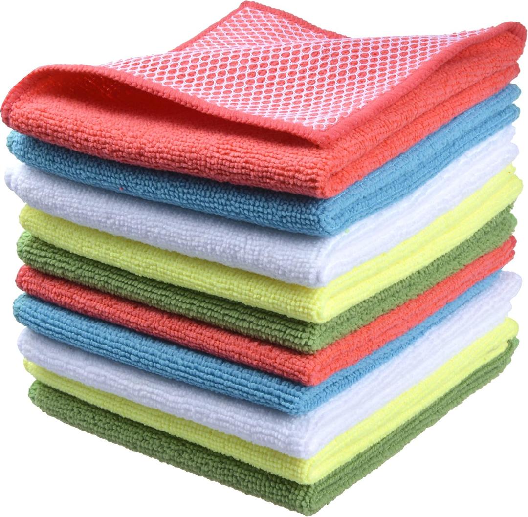 SINLAND Microfiber Dish Cloth for Washing Dishes Towels Rags Best Kitchen Washcloth Cleaning Cloths with Poly Scour Side -Used for Plates, Bowls and Dishes, 5 Color Assorted 12inchx12inch 10pack