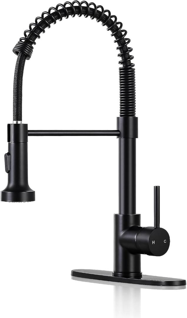 DJS Kitchen Faucets with Pull Down Sprayer Matte Black - Dual Mode Setting Single Handle 1 or 3 Holes Commercial Black Kitchen Sink Faucet with Deck Plate for Farmhouse RV Vessel Basin