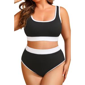 Tempt Me Women Black White Plus Size High Waisted Bikini Set Tummy Control Two Piece Swimsuit Full Coverage Sporty 2 Piece Bathing Suits 12 Plus